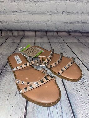 Steve Madden Tan Leather Studded Triple-Strap Slide Sandals Sz 7